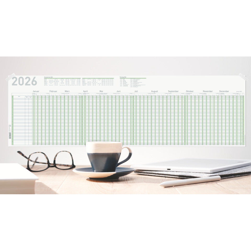 Urlaubsplaner 2026 - 26 Mitarbeiter, 100 x 29,7 cm, A4 gefalzt, grün RNK 2910/26 RNK 2910/26 zum Auffalten