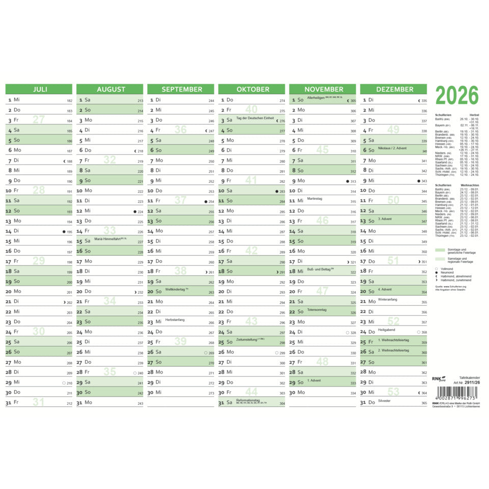 Tischkalender 2026, A5 quer, 6M/1S, grün RNK 2911/26