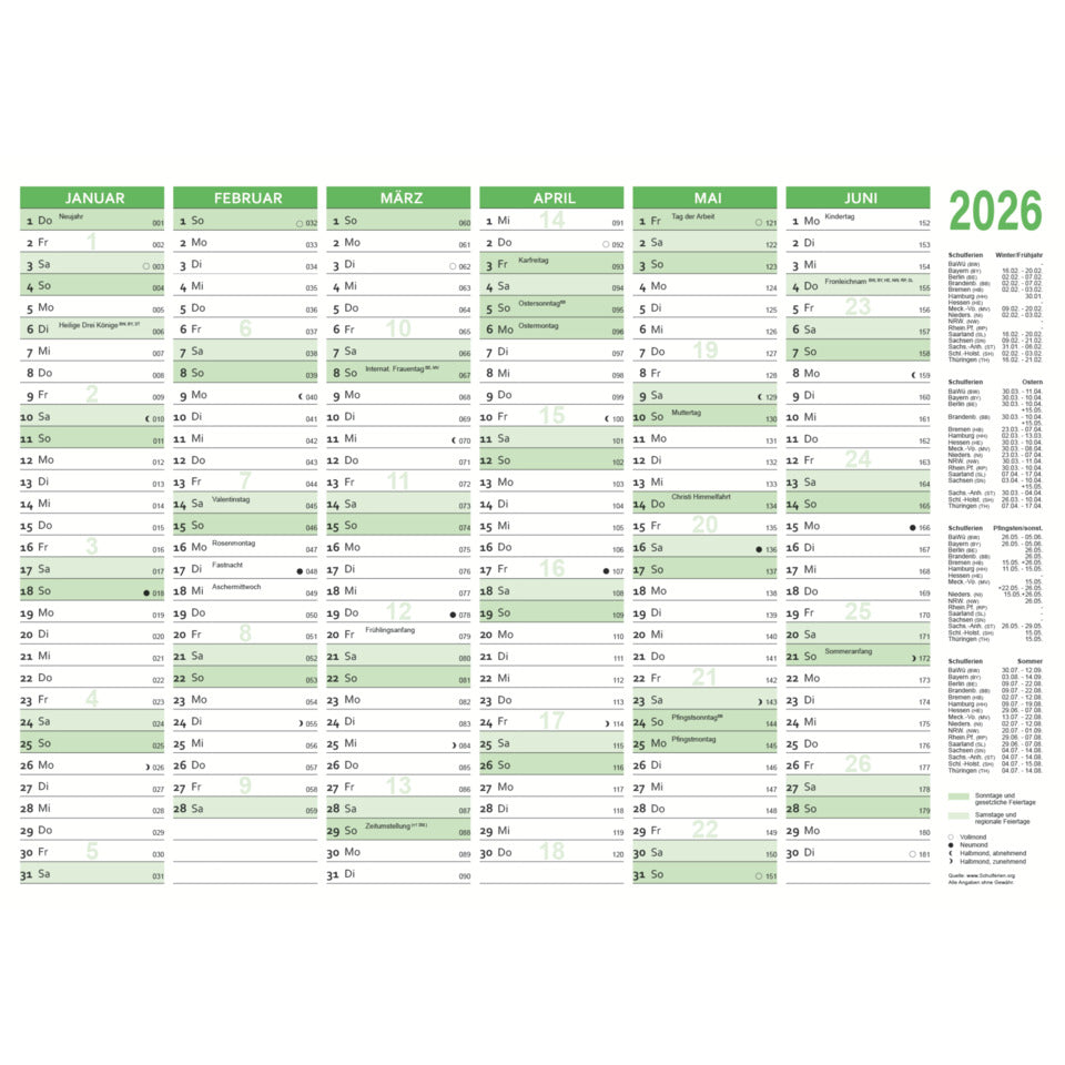 Tischkalender 2026, A5 quer, 6M/1S, grün RNK 2911/26