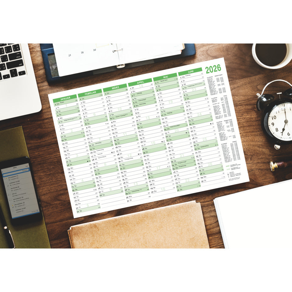 Tischkalender 2026, A5 quer, 6M/1S, grün RNK 2911/26