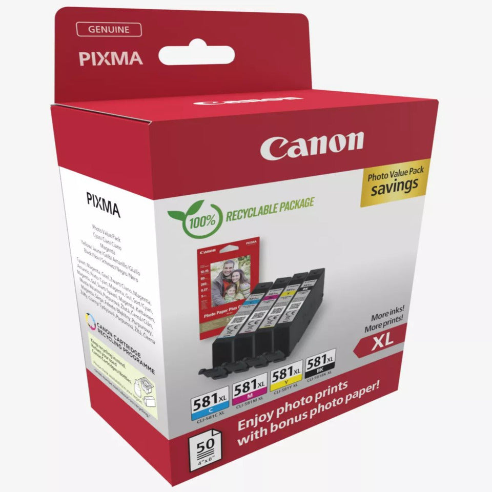 Tintenpatrone Multipack  CLI-581Xl, 50 Blatt Fotopapier, für Canon Drucker, 4 x 8,3 ml, BK/C/M/Y CANON 2052C006
