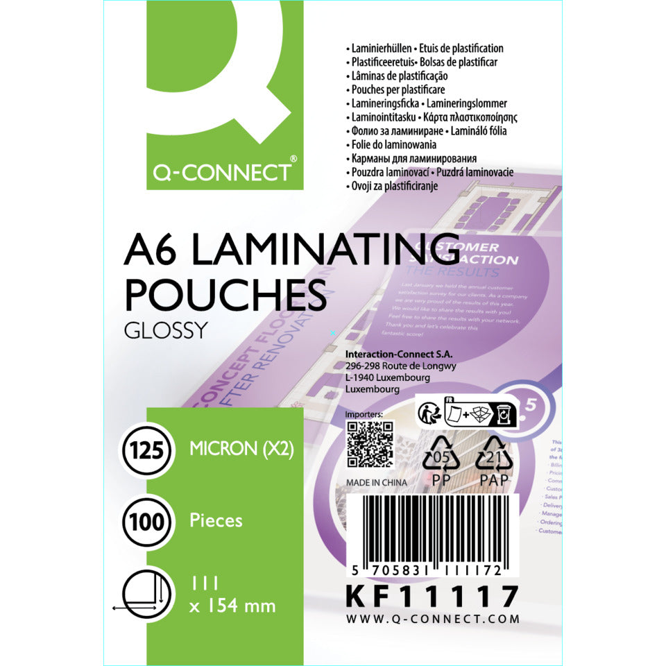 Laminierhülle, A6, 2 x 125 µm, glänzend, 100 Stück Q-CONNECT KF11117