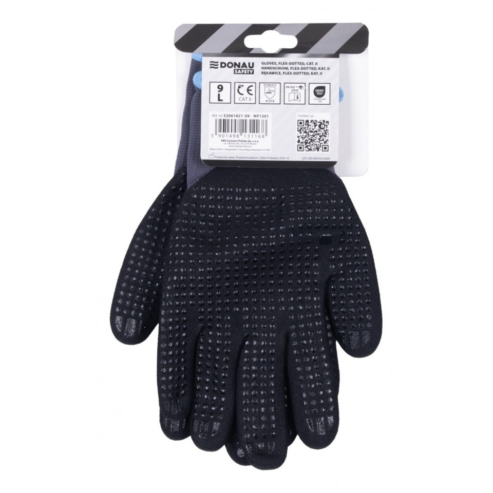 Arbeitshandschuh Professional, Größe 9=L, Noppen, Kategorie II, grau/schwarz DONAU 32061821-09 DONAU 32061821-09 Noppen, 9=L, Kateg.II