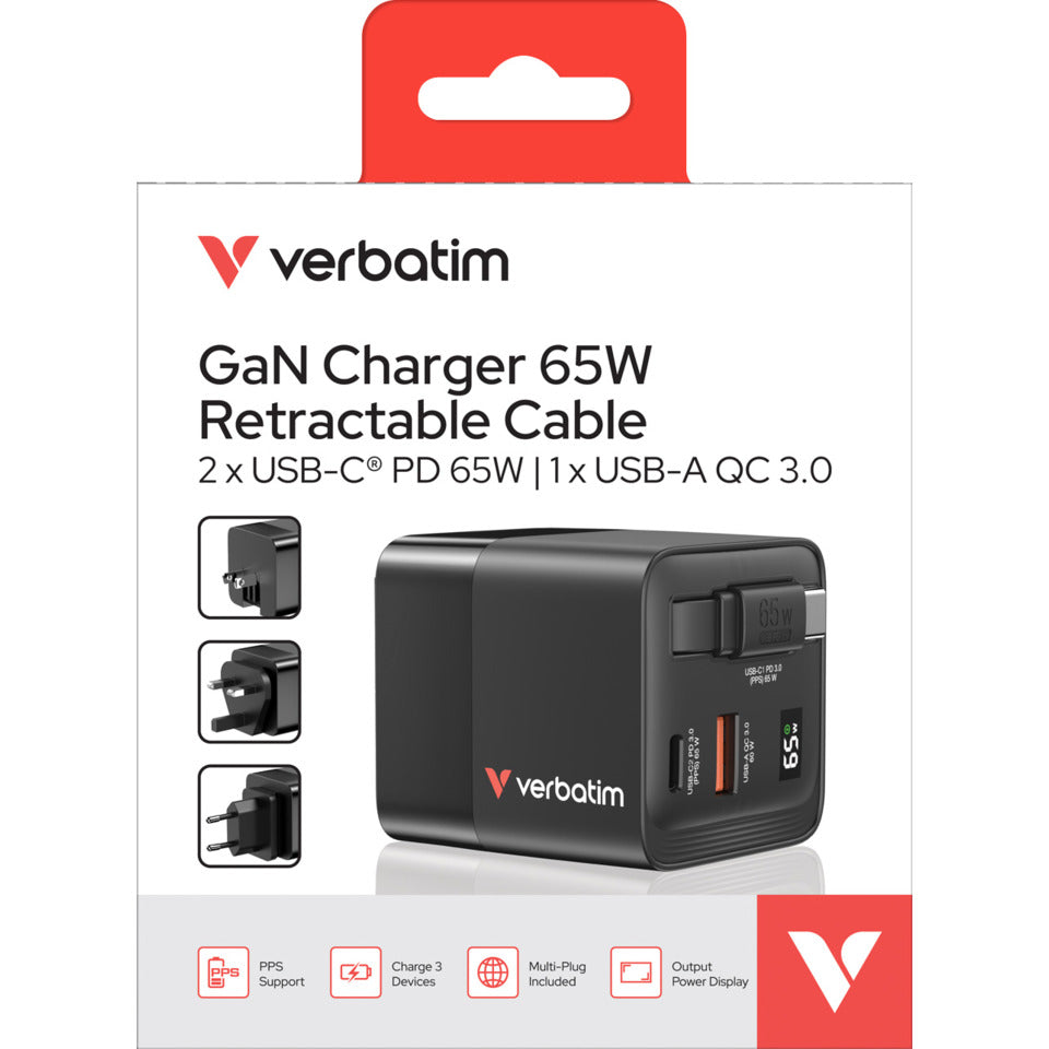 Ladegerät Charger, 65W, 3-fach Kabeleinzug, schwarz VERBATIM 32217