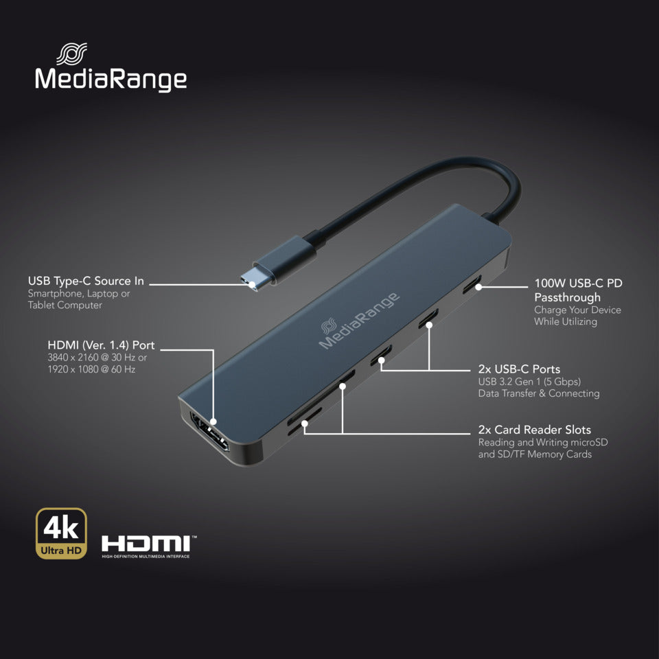 Multiport Adapter 6-in-1, USB C, silber MEDIARANGE MRCS519 MEDIARANGE MRCS519 6fach Multiport