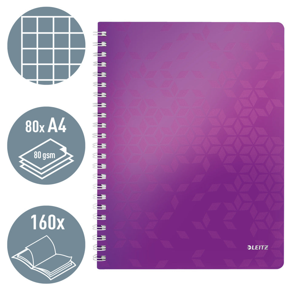 Collegeblock WOW, A4, PP, kariert, holzfrei, 80 Blatt, violett LEITZ 46380062 LEITZ 4638-00-62 kariert