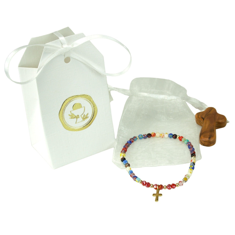 Geschenkset zur Kommunion - Armband mit Glasrosenkranz + Holzkreuz, bunt  81/152 81/152 Kommunion