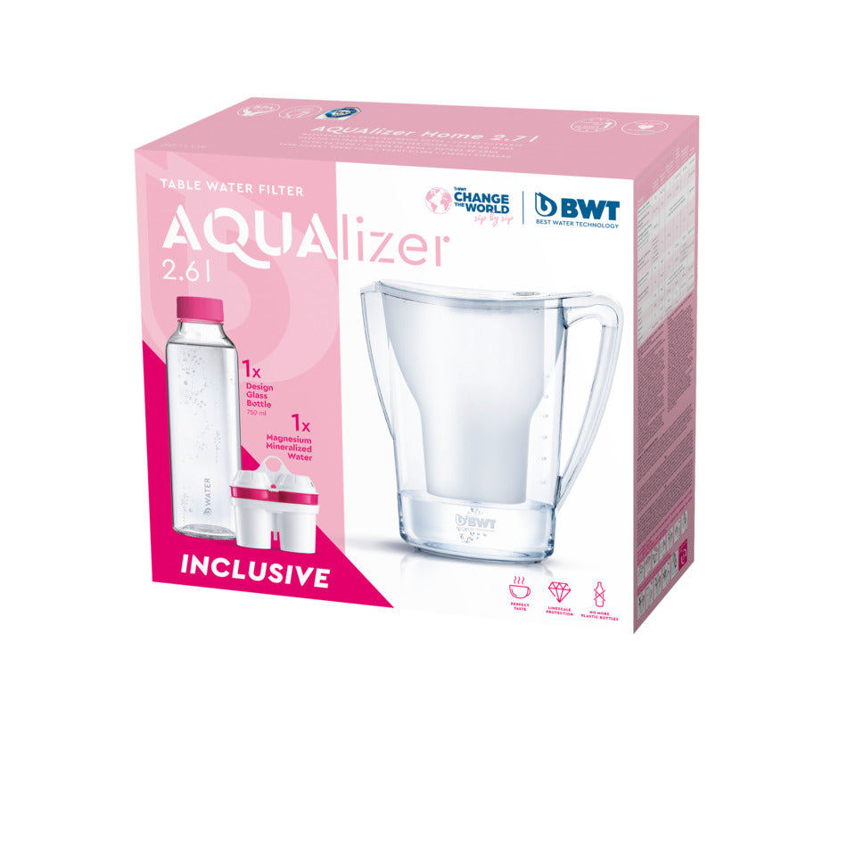 Tischwasserfilter AQUALIZER Home 2,6l + 1x Magnesium Mineralizer + Glasflasche BWT 626883 BWT 626883 + Glasflasche