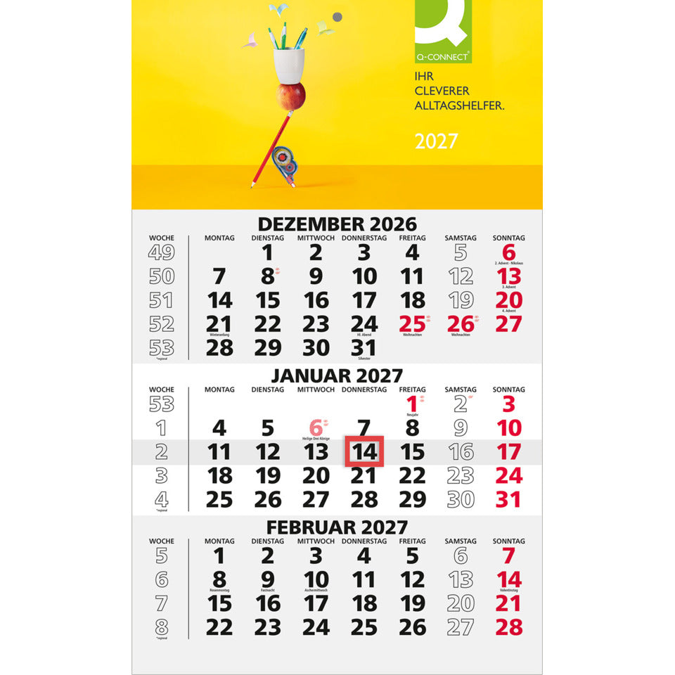 3-Monats-Wandkalender 2027, 30 x 48,5 cm, 1S/3M Q-CONNECT 220099 Q-CONNECT 220099 Wandkalender