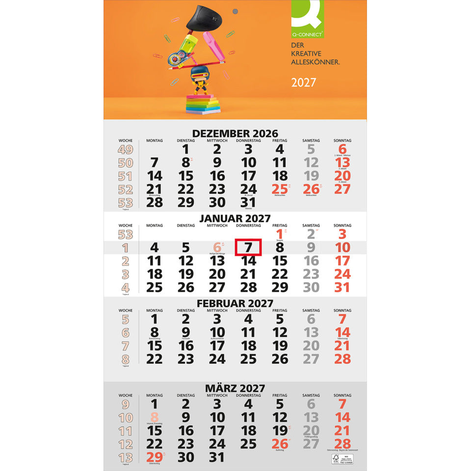 4-Monats-Wandkalender, 30 x 55,5 cm, 4M/1S Q-CONNECT 219999 Q-CONNECT 219999 Wandkalender