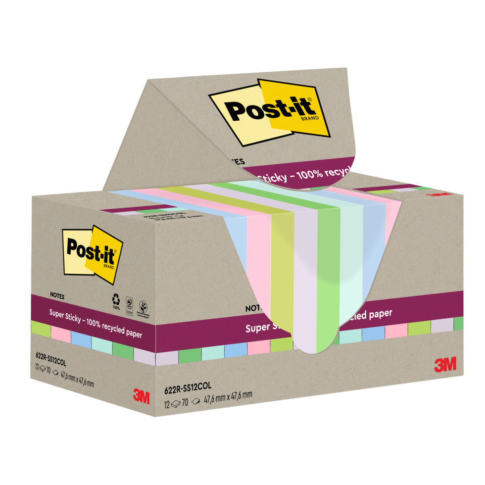 Haftnotizblock Super Sticky Recycling Notes, 47,6x47,6mm, 12x70 Blatt, sortiert POST-IT 622 RSS12COL POST-IT 622 RSS12COL 47,6x47,6mm Super