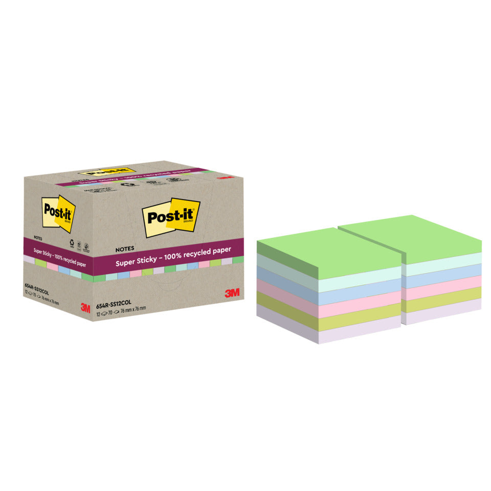 Haftnotizblock Super Sticky Recycling Notes, 76x76mm, 12x70 Blatt, sortiert POST-IT 654 RSS12COL POST-IT 654 RSS12COL 76x76mm Super