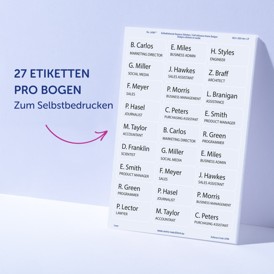 Namensetiketten, 63,5x29,6mm, 540 Stück, weiß AVERY ZWECKFORM L4784-20 ZWECKFORM L4784-20  m.Rd.540ST