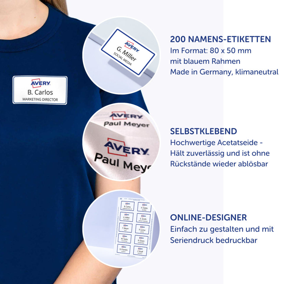 Namensetiketten, 80x50mm, 200 Stück, weiß/blau AVERY ZWECKFORM L4787-20 ZWECKFORM L4787-20  200St