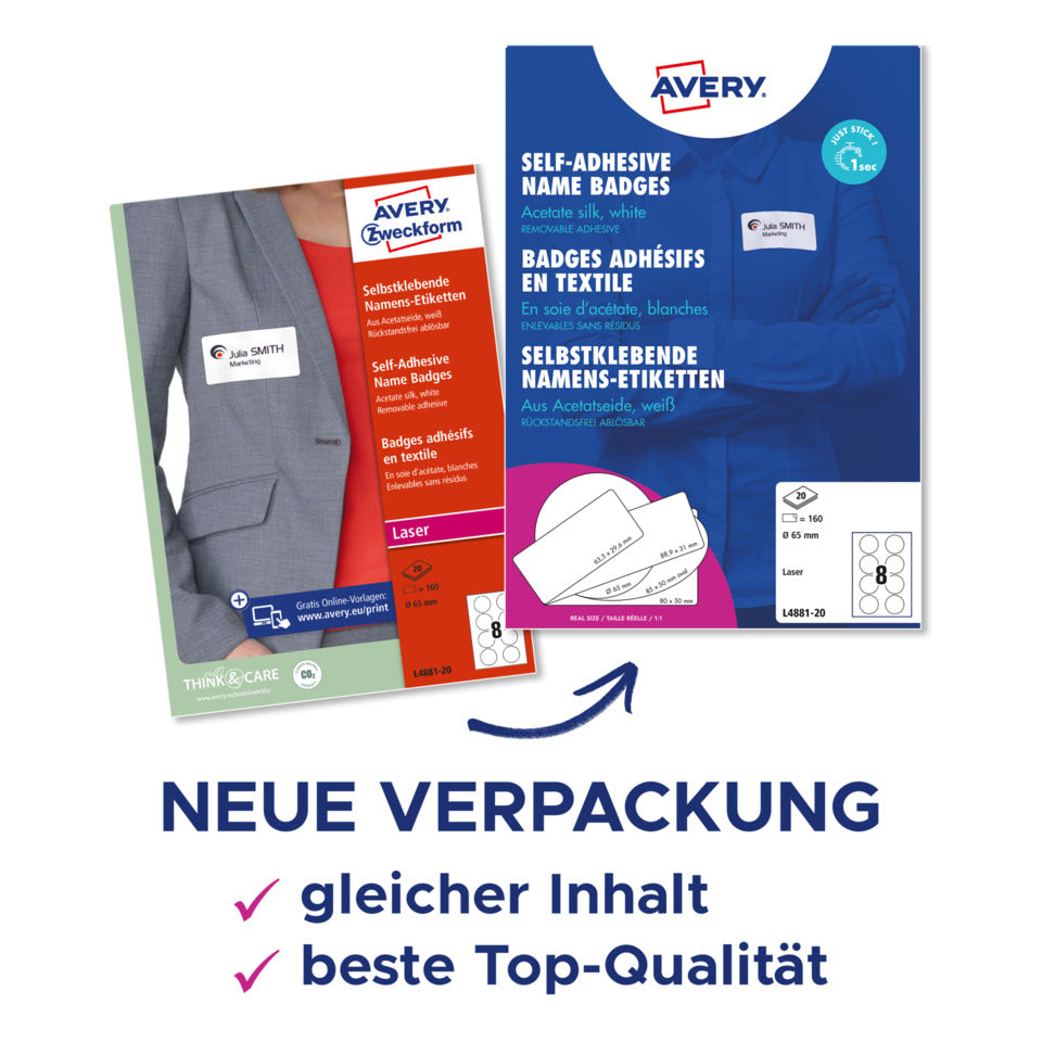 Namensetiketten, Ø65mm, 120g/m², 160 Stück, weiß AVERY ZWECKFORM L4881-20 AVERY ZWECKFORM L4881-20 rund