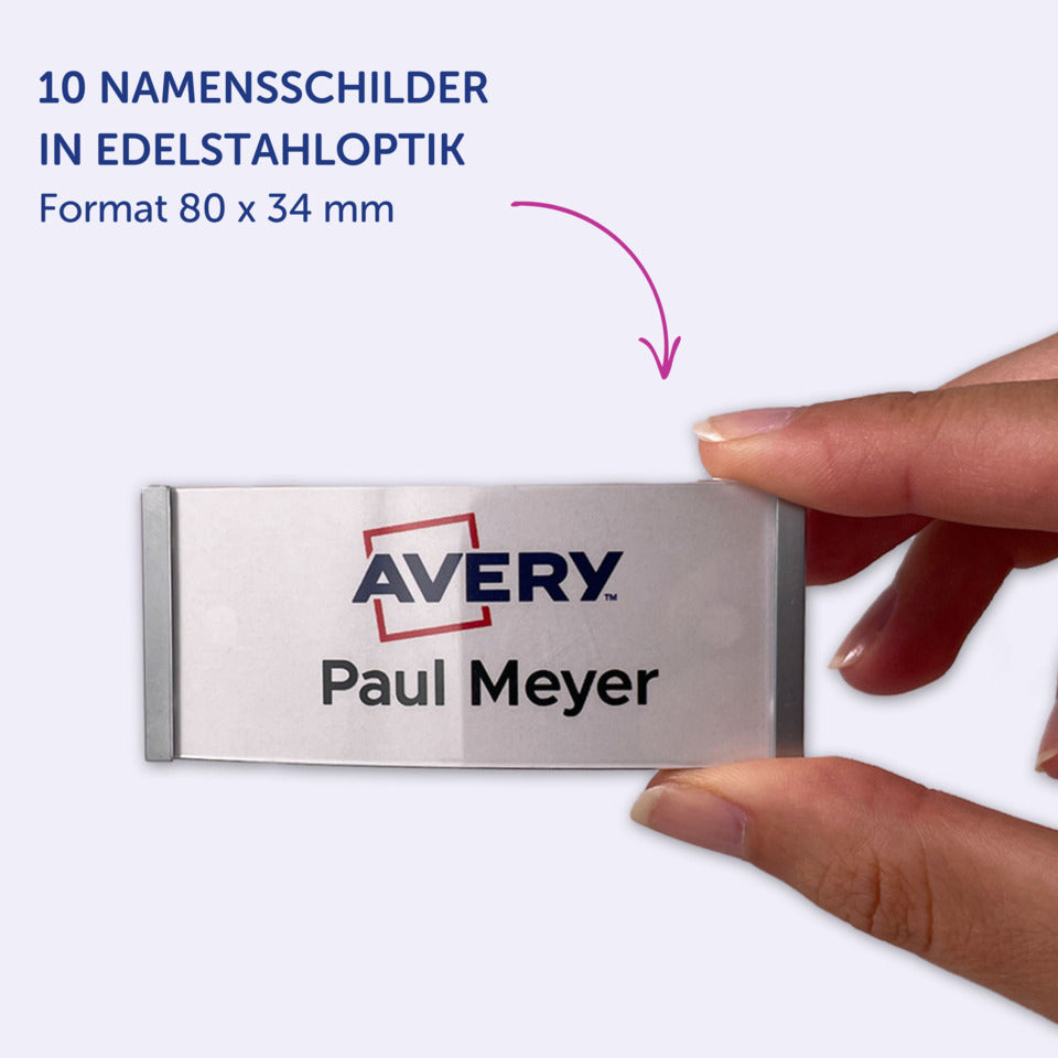 Namensschilder, 80 x 34 mm, 10 Schilder / 32 Einsteckschilder / 2 Bögen AVERY ZWECKFORM POL35MA66-10DR