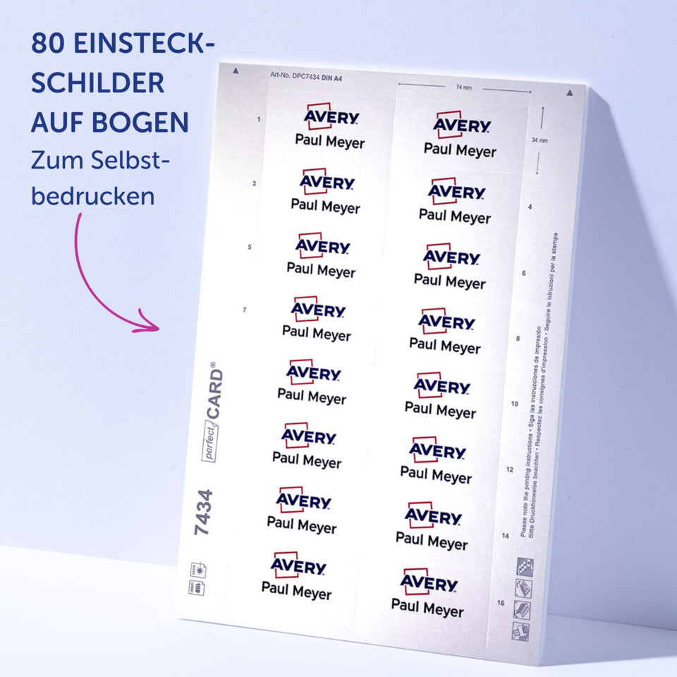 Namensschilder, 80 x 34 mm, 20 Schilder / 80 Einsteckschilder / 5 Bögen AVERY ZWECKFORM POL35MA66-20DR