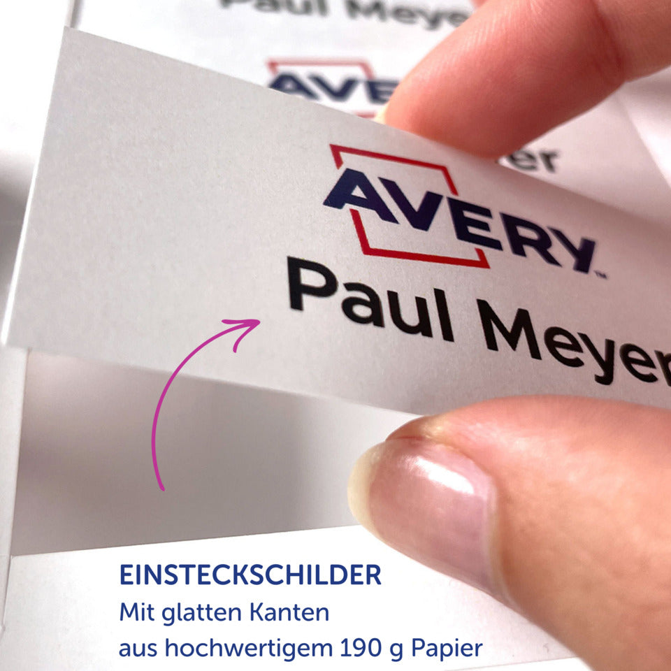 Namensschilder, 80 x 34 mm, 20 Schilder / 80 Einsteckschilder / 5 Bögen AVERY ZWECKFORM POL35MA66-20DR