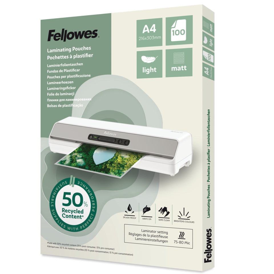 Laminierhülle, A4, 2 x 80 µm, 50 % recyceltes PET Material, matt, 100 Stück FELLOWES 100143435 FELLOWES 100143435 50% Recycling