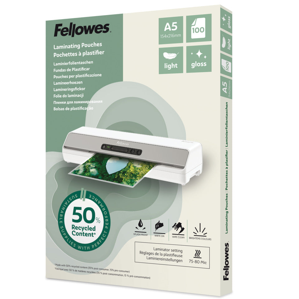 Laminierhülle, A5, 2 x 80 µm, 50 % recyceltes PET Material, glänzend, 100 Stück FELLOWES 100143440 FELLOWES 100143440 50%Recycling