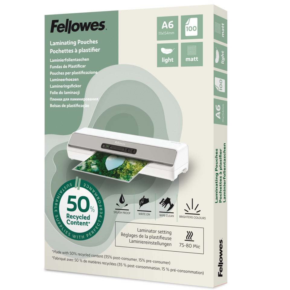 Laminierhülle, A6, 2 x 80 µm, 50 % recyceltes PET Material, matt, 100 Stück FELLOWES 100143438 FELLOWES 100143438 50% Recycling
