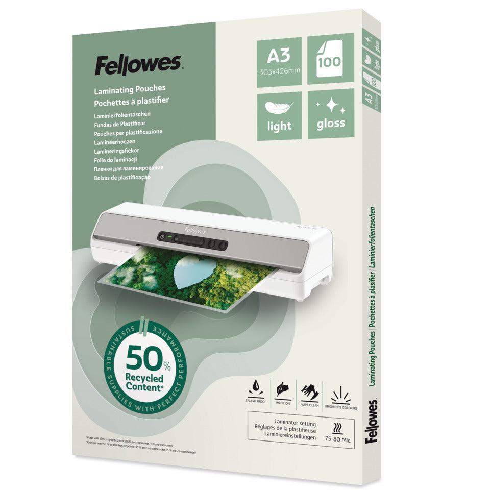 Laminierhülle, A3, 2 x 80 µm, 50 % recyceltes PET Material, glänzend, 100 Stück FELLOWES 100142988 FELLOWES 100142988 50%Recycling