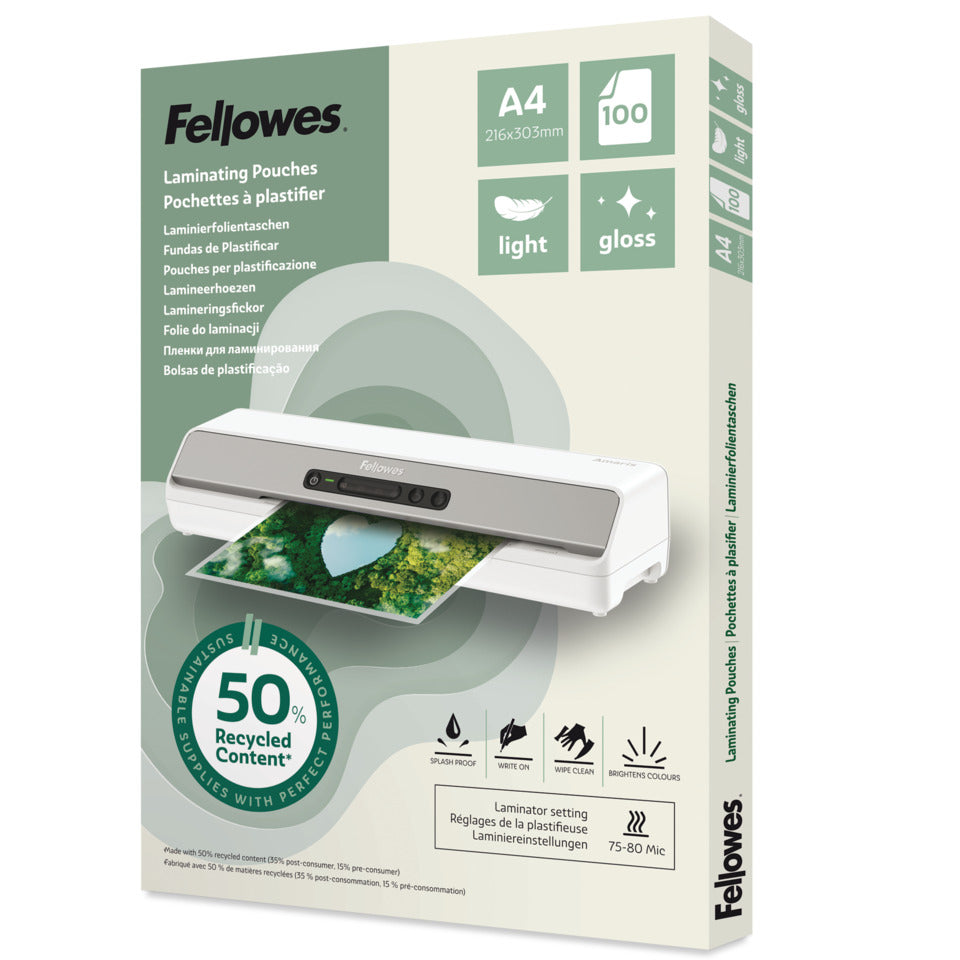 Laminierhülle, A4, 2 x 80 µm, 50 % recyceltes PET Material, glänzend, 100 Stück FELLOWES 100142987 FELLOWES 100142987 50%Recycling