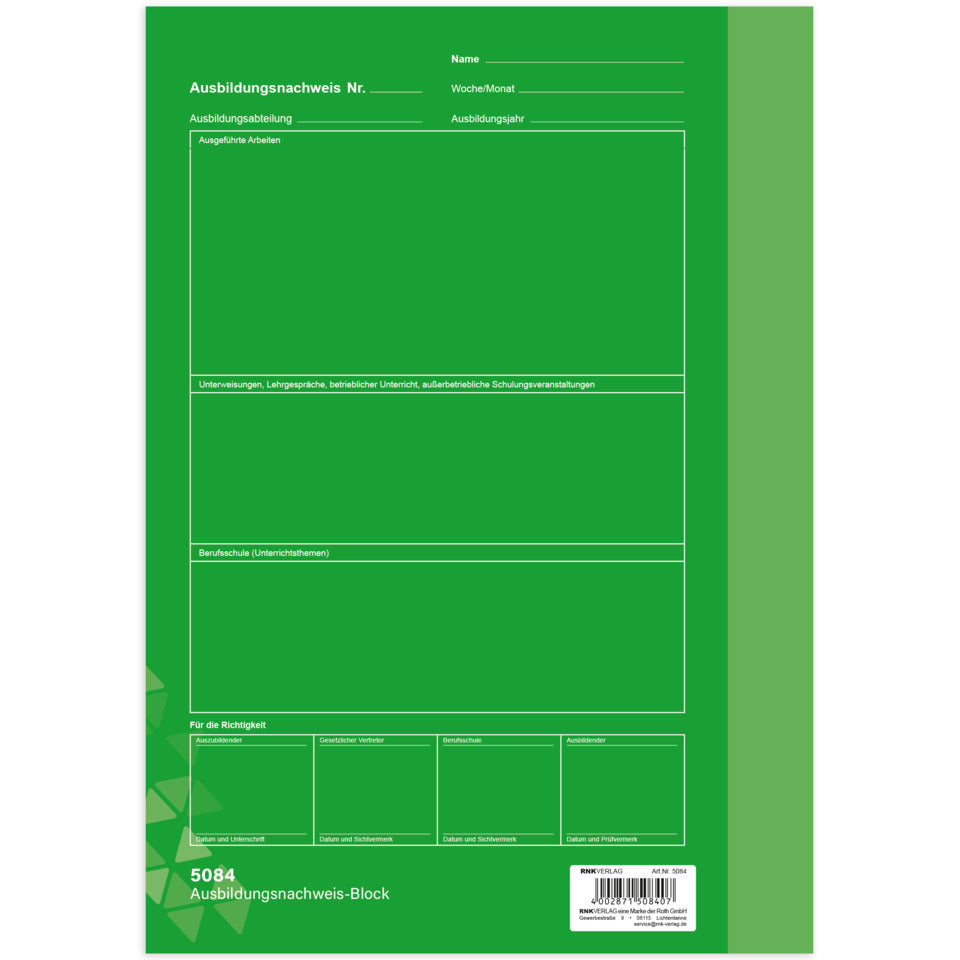 Ausbildungsnachweis für wöchentliche oder monatliche Eintragung/Block, A4, 28 Blatt RNK 5084 RNK 5084 Tätigkeitsbericht BK