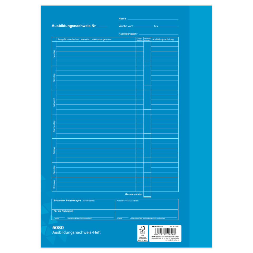 Ausbildungsnachweis für tägliche Eintragung/Heft, DIN A4, 28 Blatt RNK 5080 RNK 5080 Tätigkeitsbericht HF