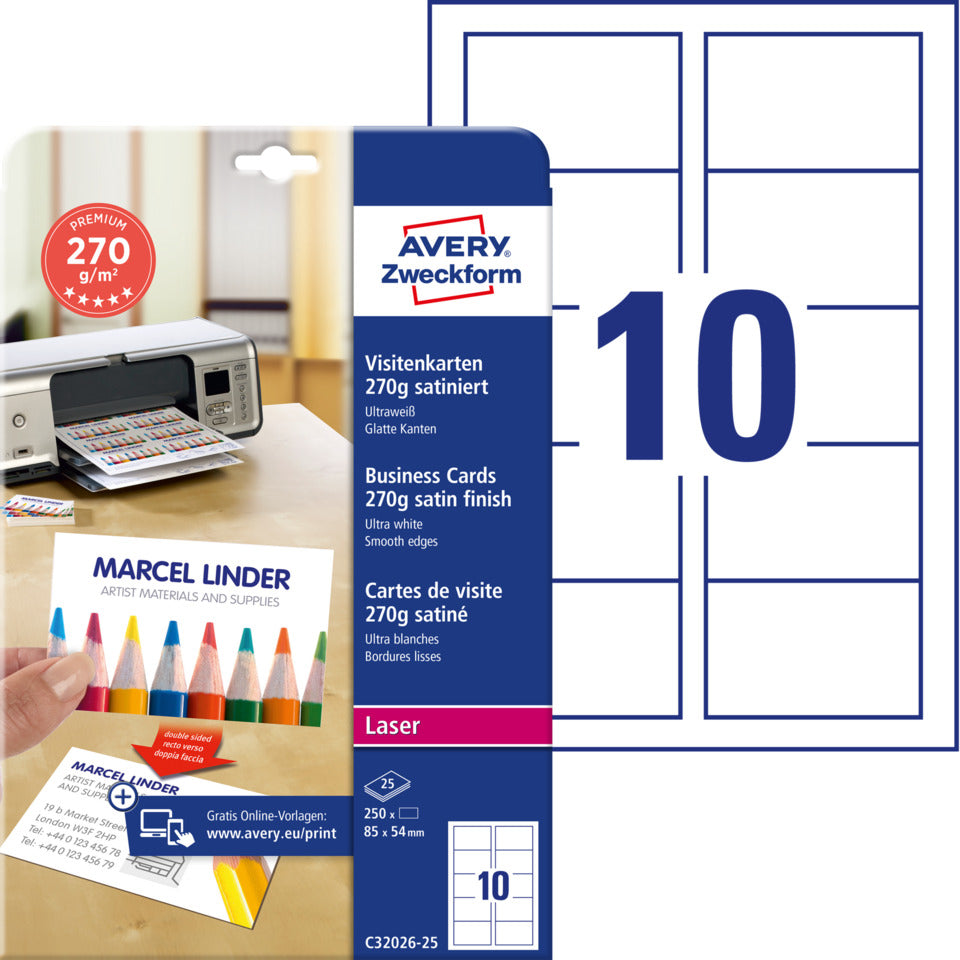 Visitenkarten Premium, 85x54mm, 270g/m², 250 Stück, weiß AVERY ZWECKFORM C32026-25 ZWECKFORM C32026-25 PG=25Bl
