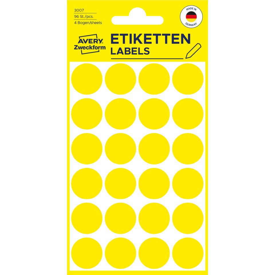 Markierungspunkte, Ø18mm, 96 Stück, gelb AVERY ZWECKFORM 3007 ZWECKFORM 3007 permanent haftend