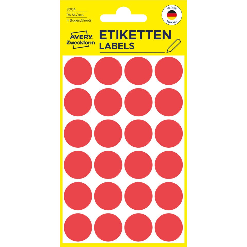 Markierungspunkte, Ø18mm, 96 Stück, rot AVERY ZWECKFORM 3004 ZWECKFORM 3004 permanent haftend