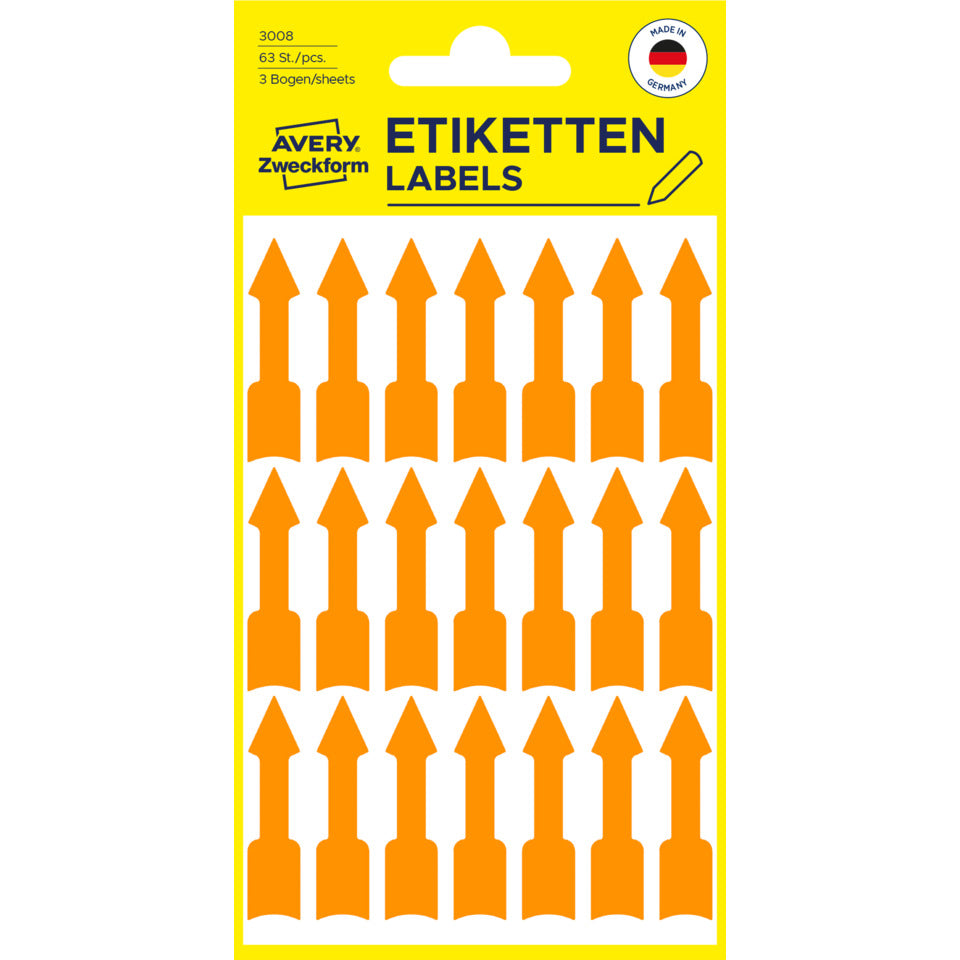 Hinweisetiketten ''Pfeil'', 39x9mm, 63 Stück, leuchtorange AVERY ZWECKFORM 3008