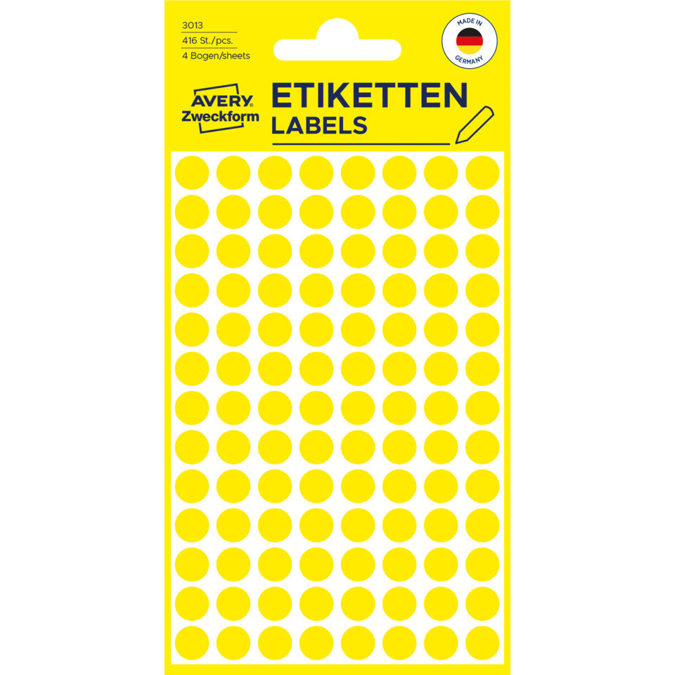 Markierungspunkte, Ø8mm, 416 Stück, gelb AVERY ZWECKFORM 3013 ZWECKFORM 3013 permanent haftend
