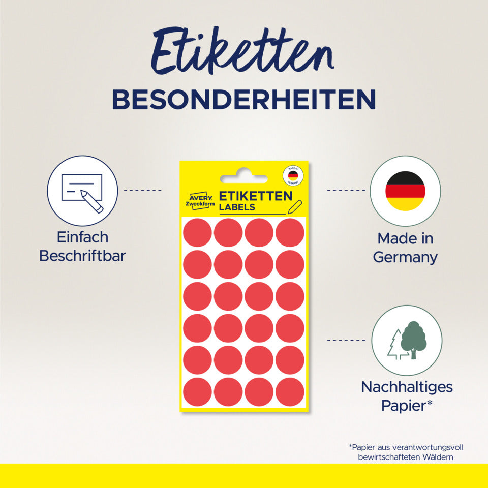 Markierungspunkte, Ø12mm, 270 Stück, gelb AVERY ZWECKFORM 3144 ZWECKFORM 3144 permanent haftend