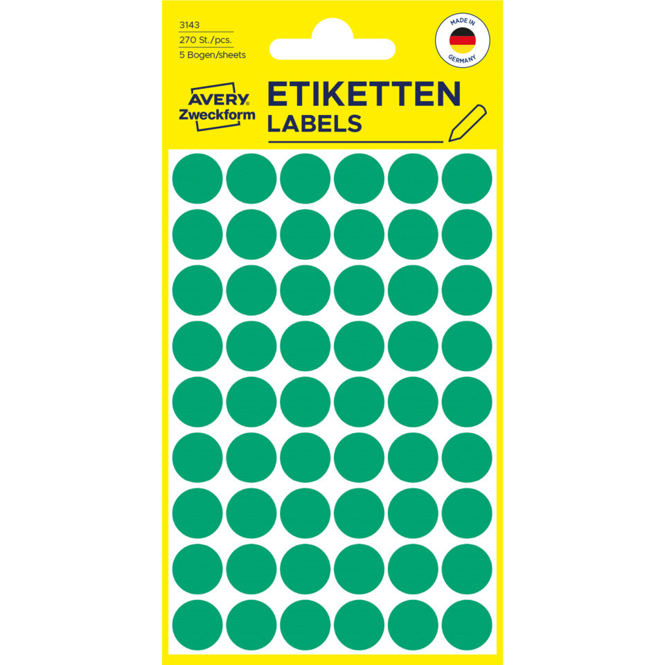 Markierungspunkte, Ø12mm, 270 Stück, grün AVERY ZWECKFORM 3143 ZWECKFORM 3143 permanent haftend