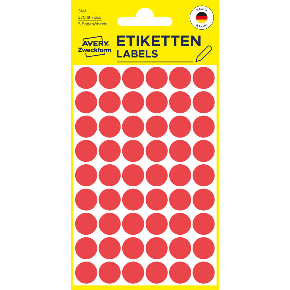Markierungspunkte, Ø12mm, 270 Stück, rot AVERY ZWECKFORM 3141 ZWECKFORM 3141 permanent haftend