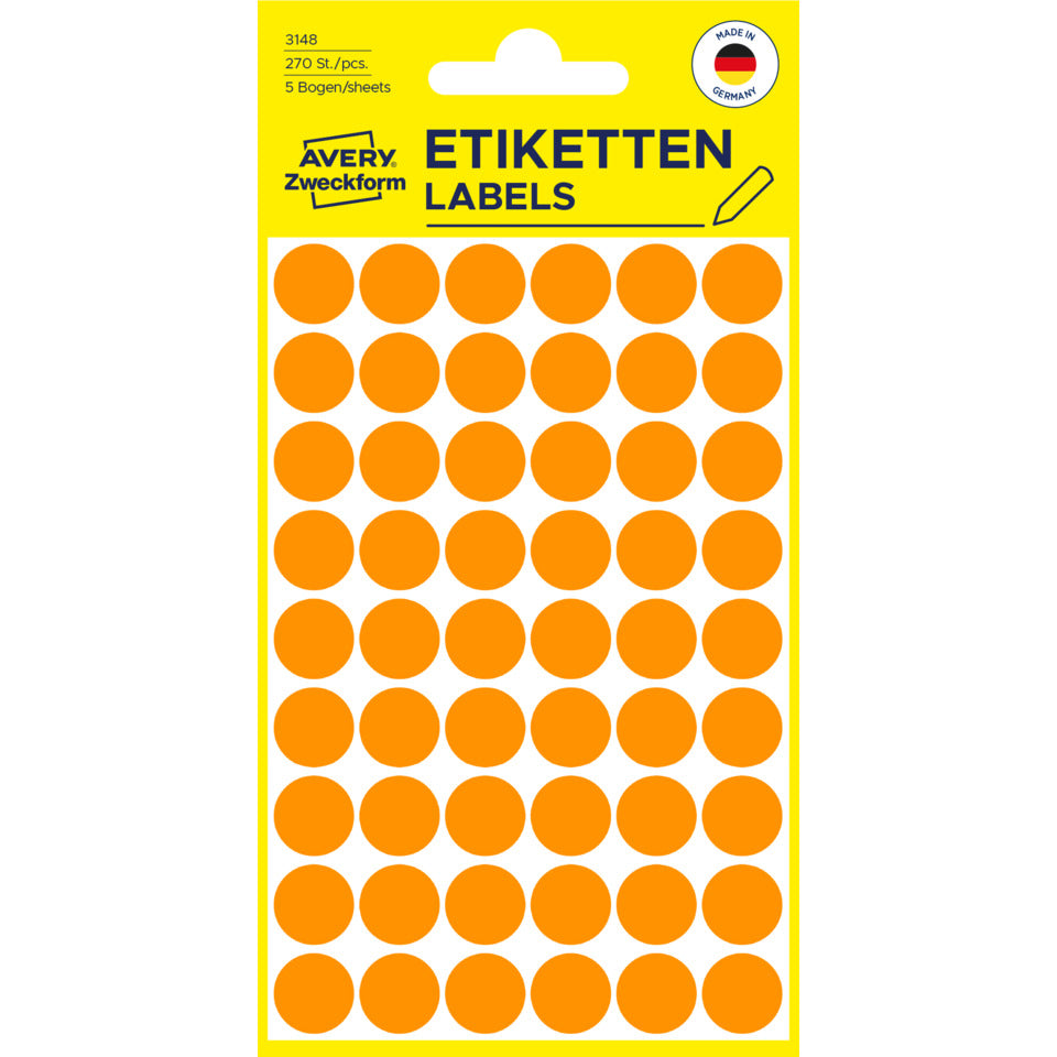 Markierungspunkte, Ø12mm, 270 Stück, leuchtorange AVERY ZWECKFORM 3148 ZWECKFORM 3148 permanent haftend