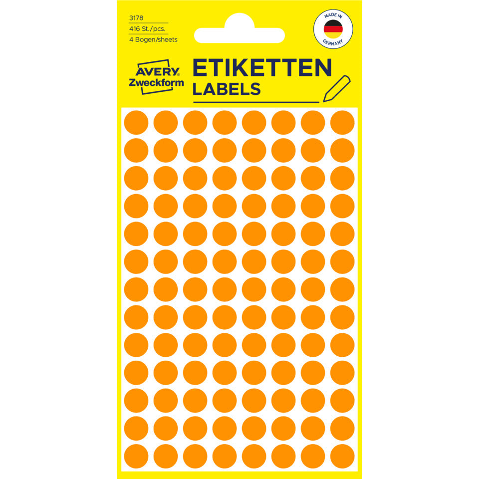 Markierungspunkte, Ø8mm, 416 Stück, neonorange AVERY ZWECKFORM 3178 ZWECKFORM 3178 permanent haftend