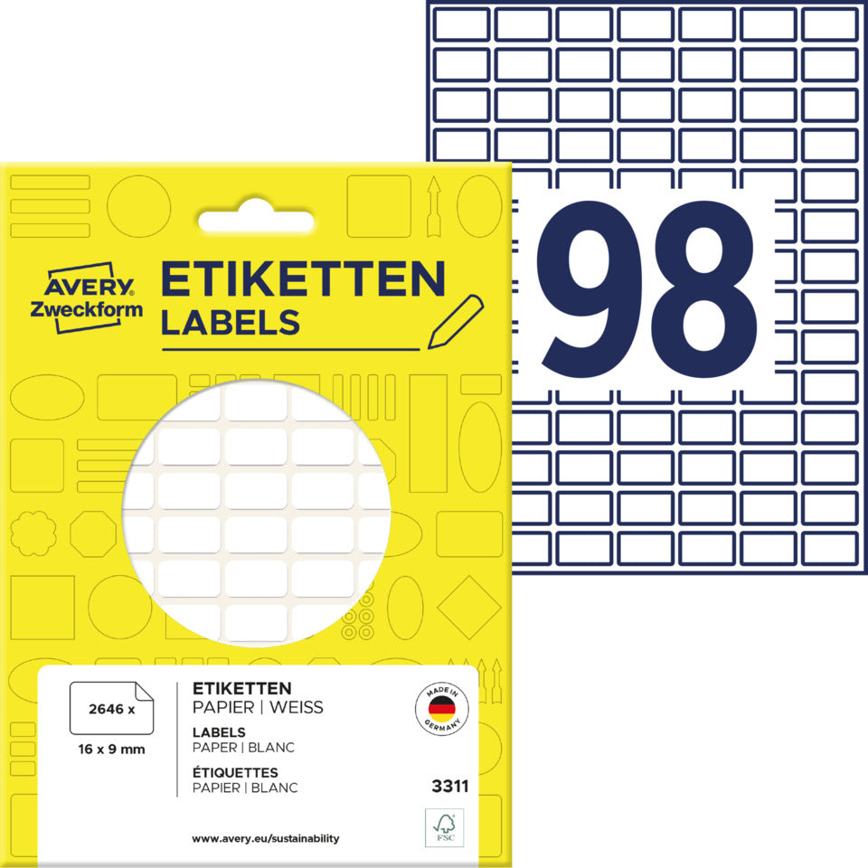 Vielzwecketiketten, 16x9mm, 2646 Stück, weiß AVERY ZWECKFORM 3311