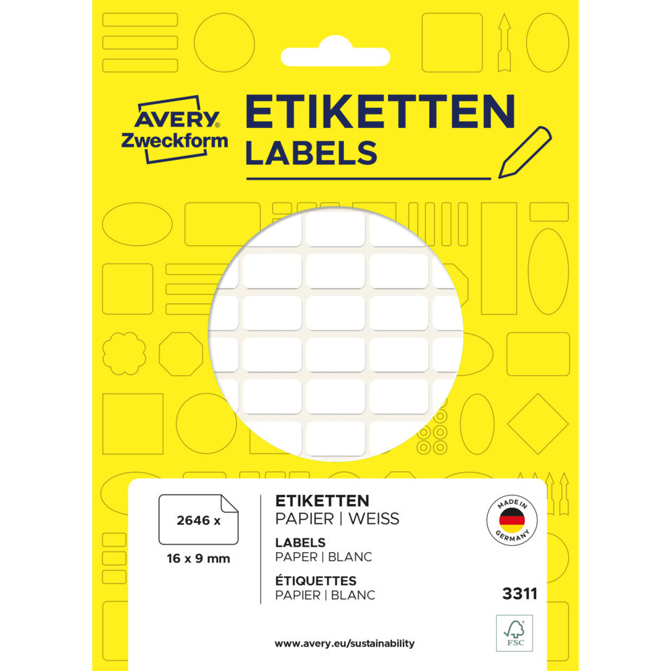 Vielzwecketiketten, 16x9mm, 2646 Stück, weiß AVERY ZWECKFORM 3311