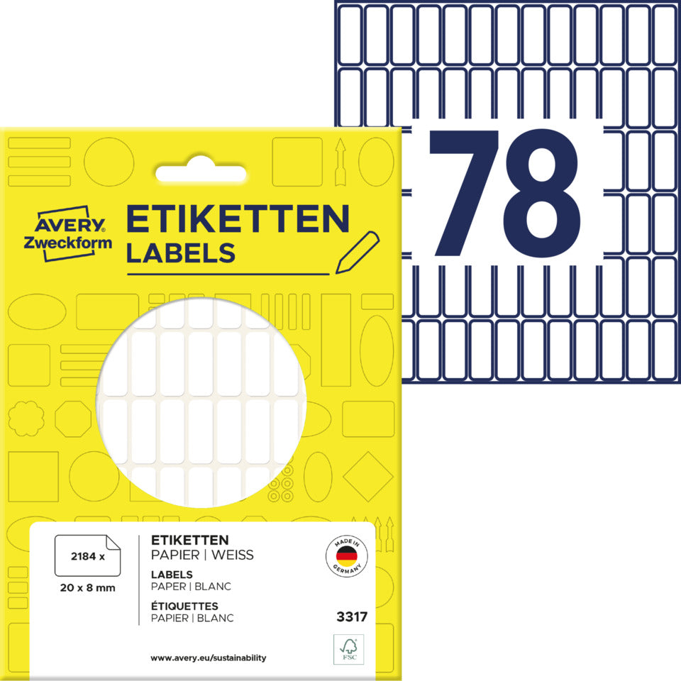 Vielzwecketiketten, 20x8mm, 2184 Stück, weiß AVERY ZWECKFORM 3317