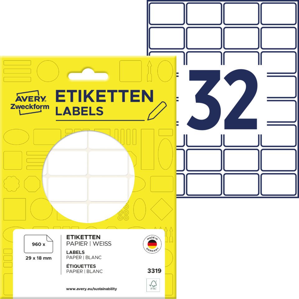 Vielzwecketiketten, 29x18mm, 960 Stück, weiß AVERY ZWECKFORM 3319