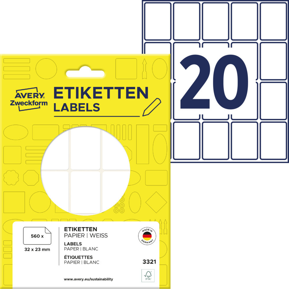 Vielzwecketiketten, 32x23mm, 560 Stück, weiß AVERY ZWECKFORM 3321