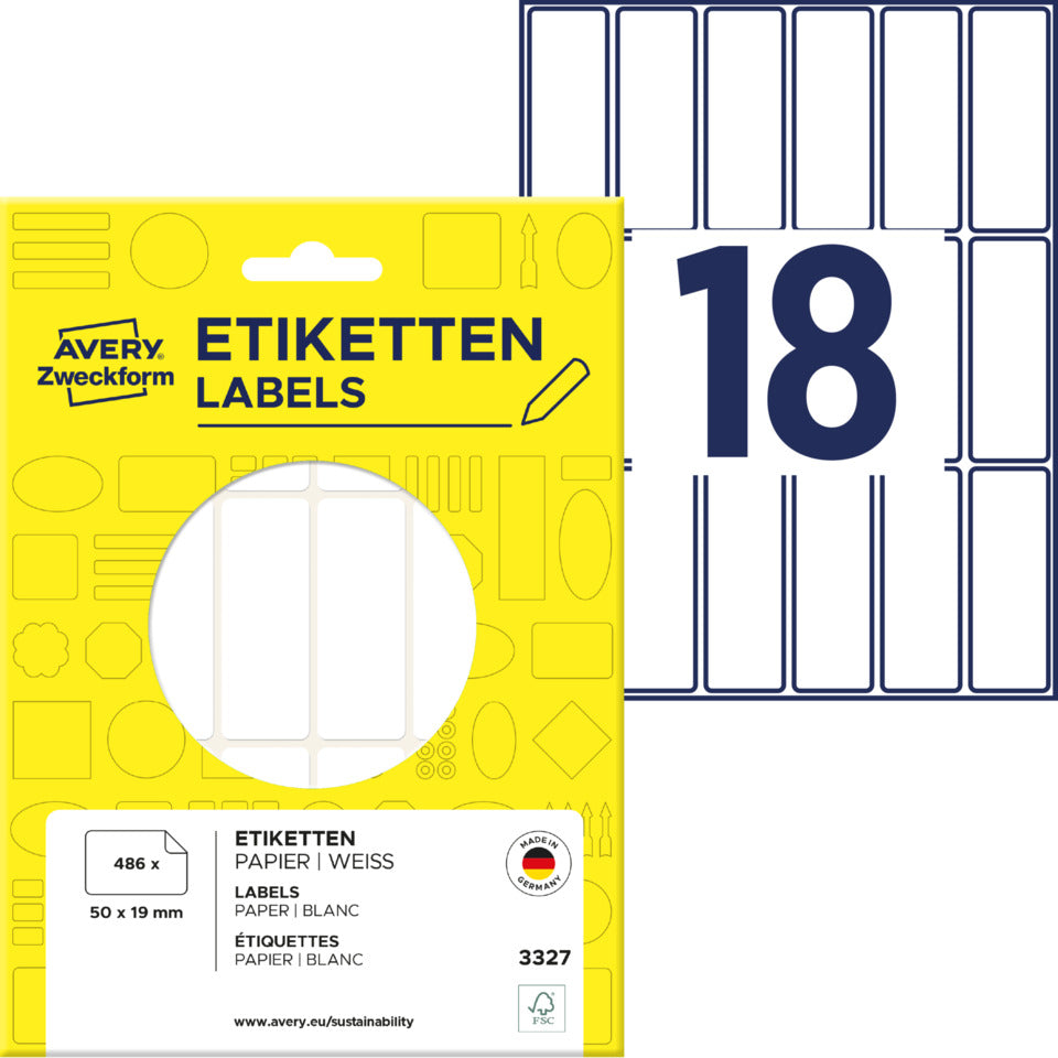 Vielzwecketiketten, 50x19mm, 486 Stück, weiß AVERY ZWECKFORM 3327