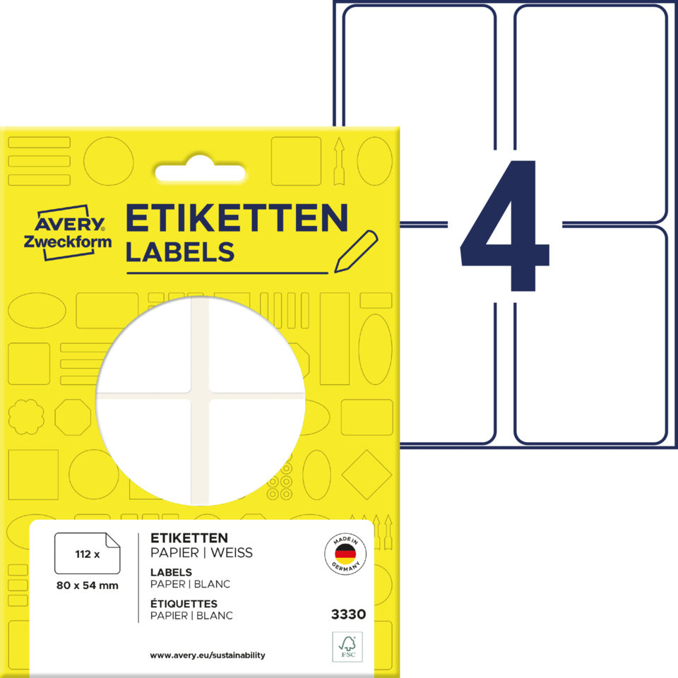 Vielzwecketiketten, 80x54mm, 112 Stück, weiß AVERY ZWECKFORM 3330