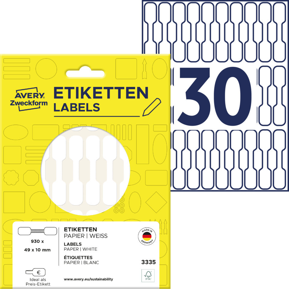 Preis-Etiketten, 49x10mm, 930 Stück, weiß AVERY ZWECKFORM 3335