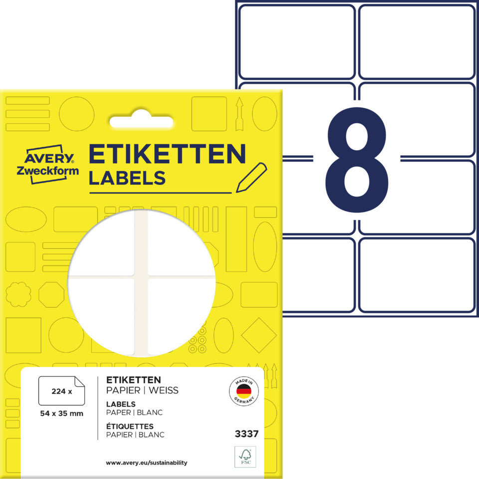 Vielzwecketiketten, 54x35mm, 224 Stück, weiß AVERY ZWECKFORM 3337 ZWECKF. 3337 224ST