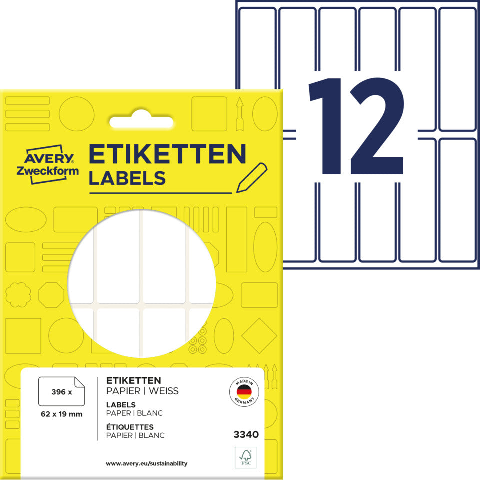 Vielzwecketiketten, 62x19mm, 392 Stück, weiß AVERY ZWECKFORM 3340
