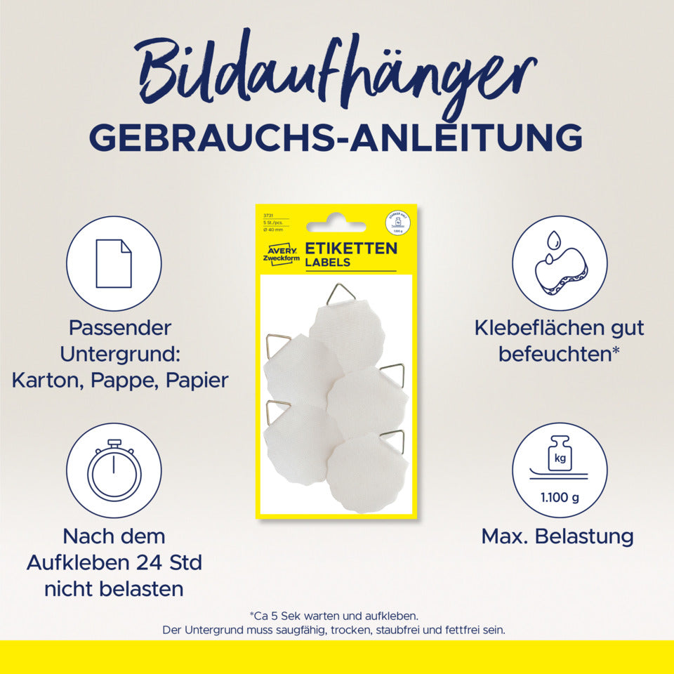 Bildaufhänger, Ø 40mm, Leinen, 5 Stück, weiß AVERY ZWECKFORM 3731 ZWECKFORM 3731 selbstklebend 5 Stück